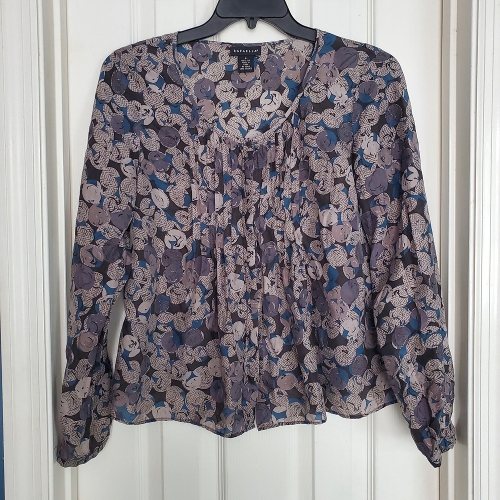 Raffaella Womens Size 8 Silk Floral Long Sleeve Blouse Moody‎ Blue Gray Career